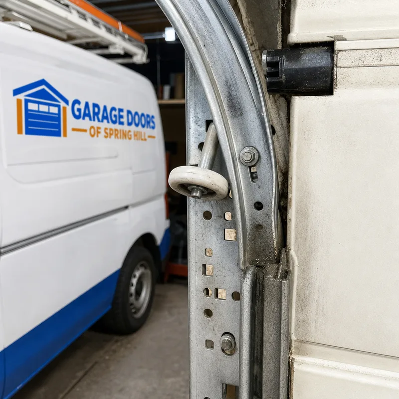 Garage door roller out of a slightly bent track near the curve