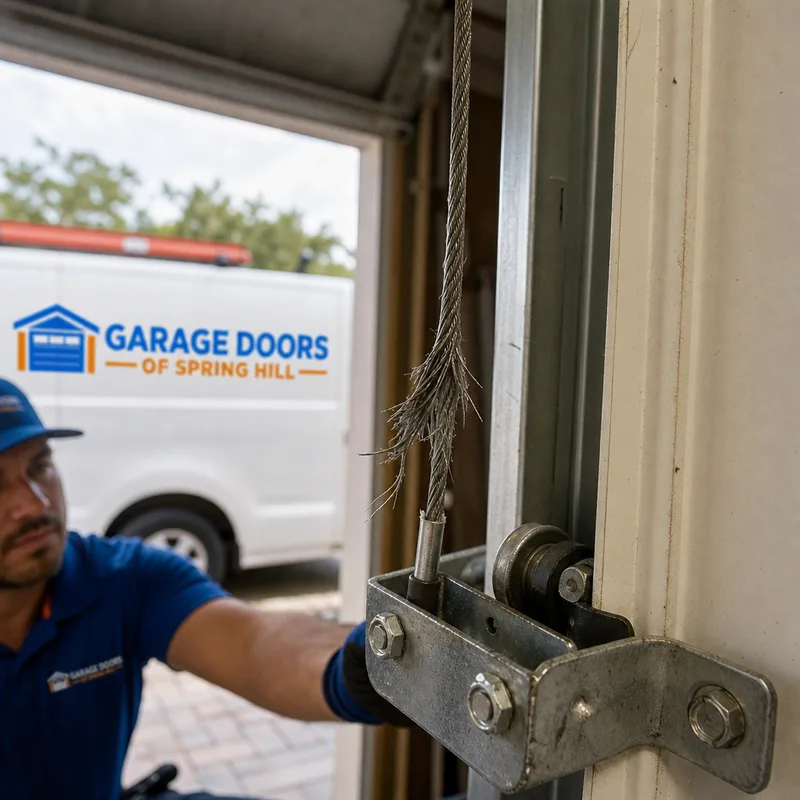Close-up of frayed garage door lift cable near the bottom bracket