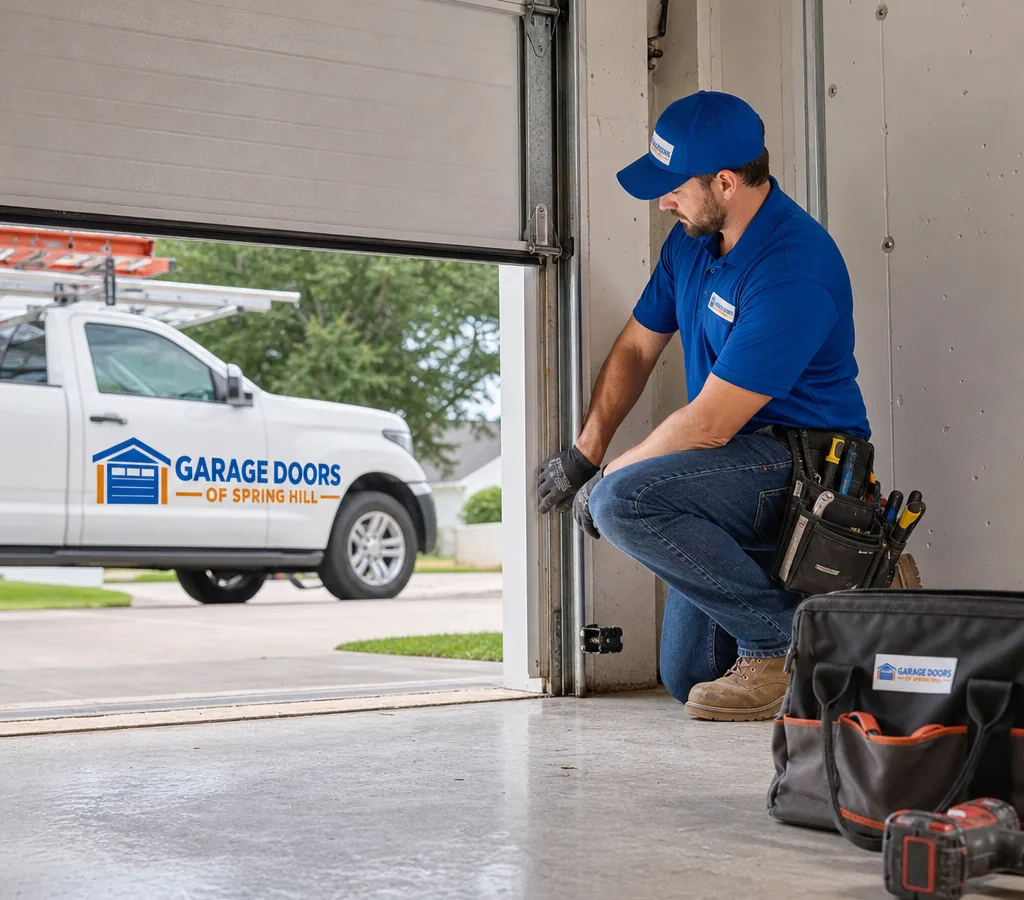 Residential sectional garage door partially open while a contractor inspects the bottom roller and track