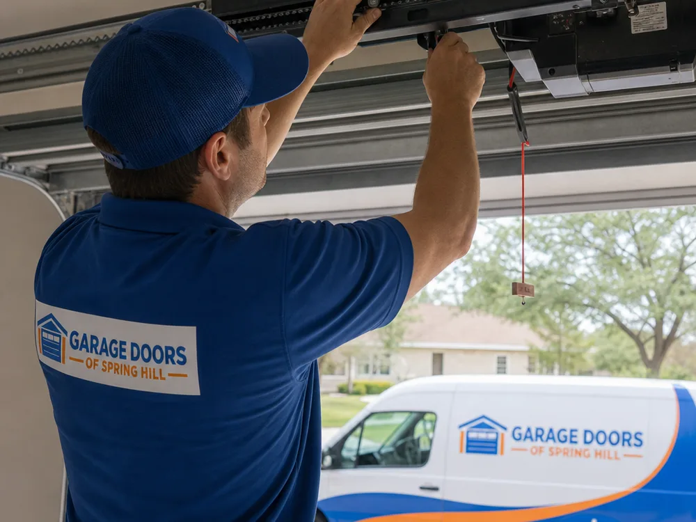 Technician checking garage door opener rail, trolley, tension and travel limits