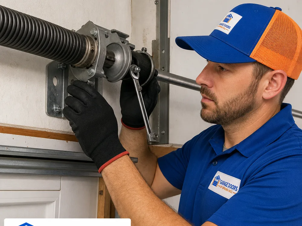 Torsion spring and center bearing plate being checked above a residential garage door