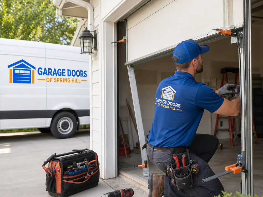 Residential garage door stabilized with track clamps during repair