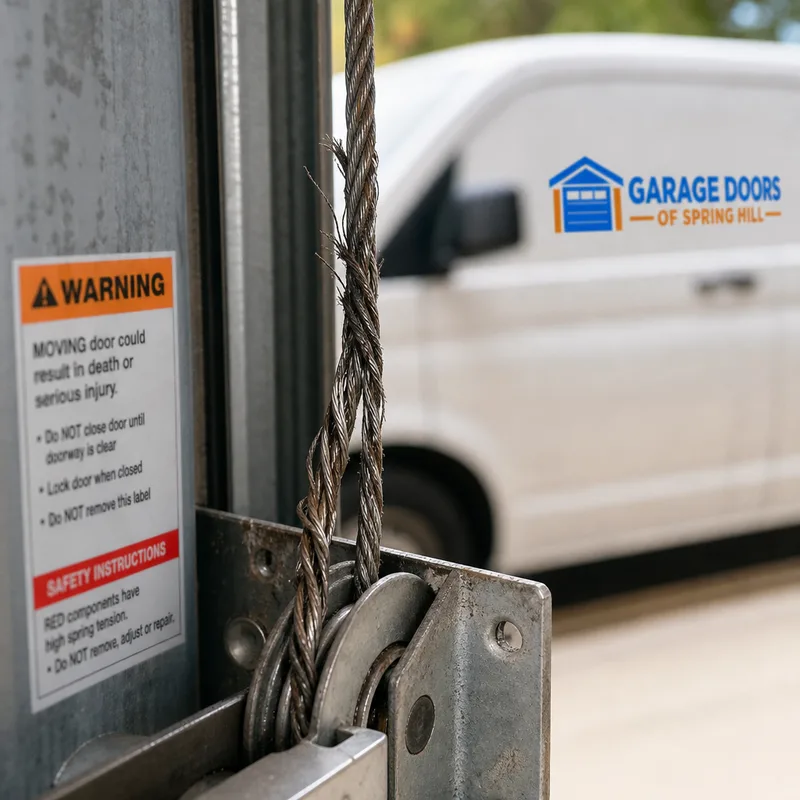 Frayed garage door lift cable near the bottom bracket