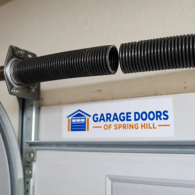 Broken torsion spring with a visible gap in the coil above a residential garage door