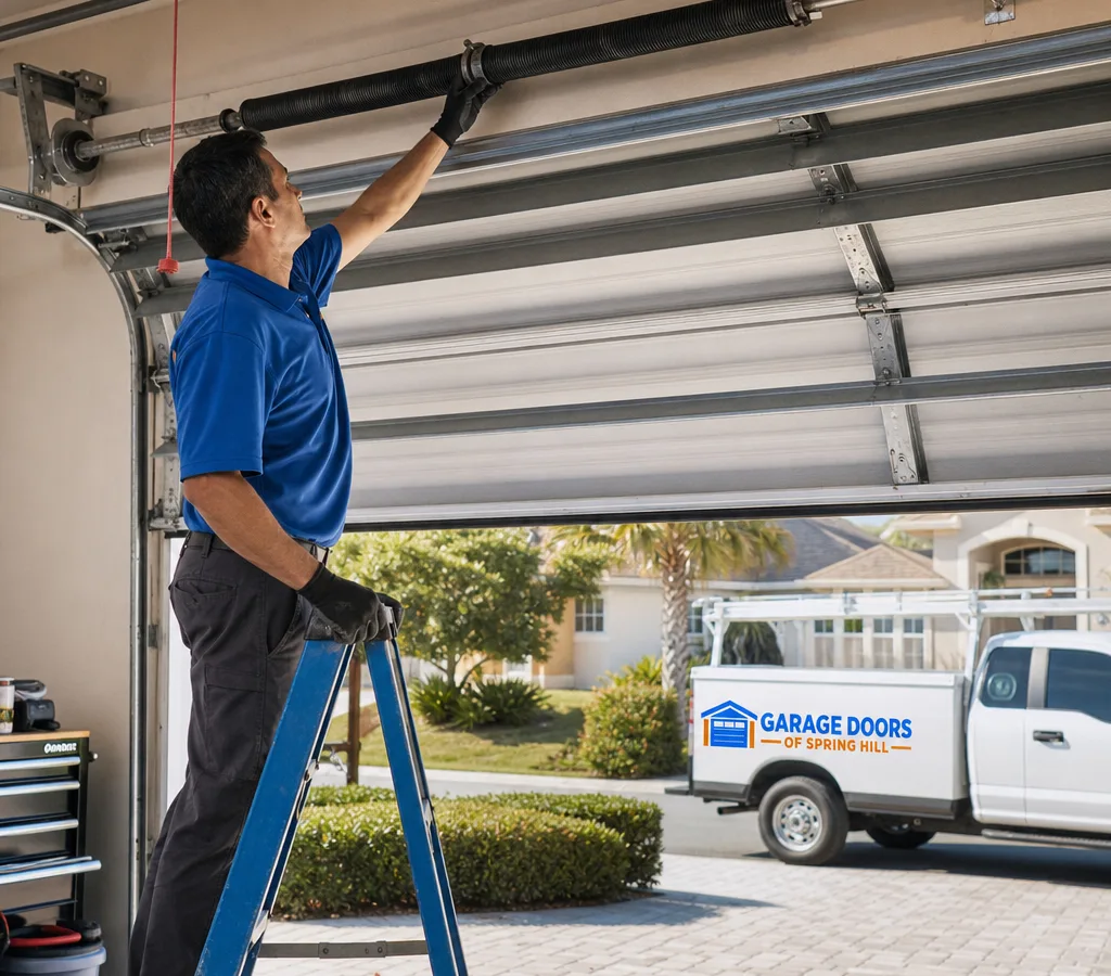 Residential garage door half-open while a contractor inspects the torsion spring area