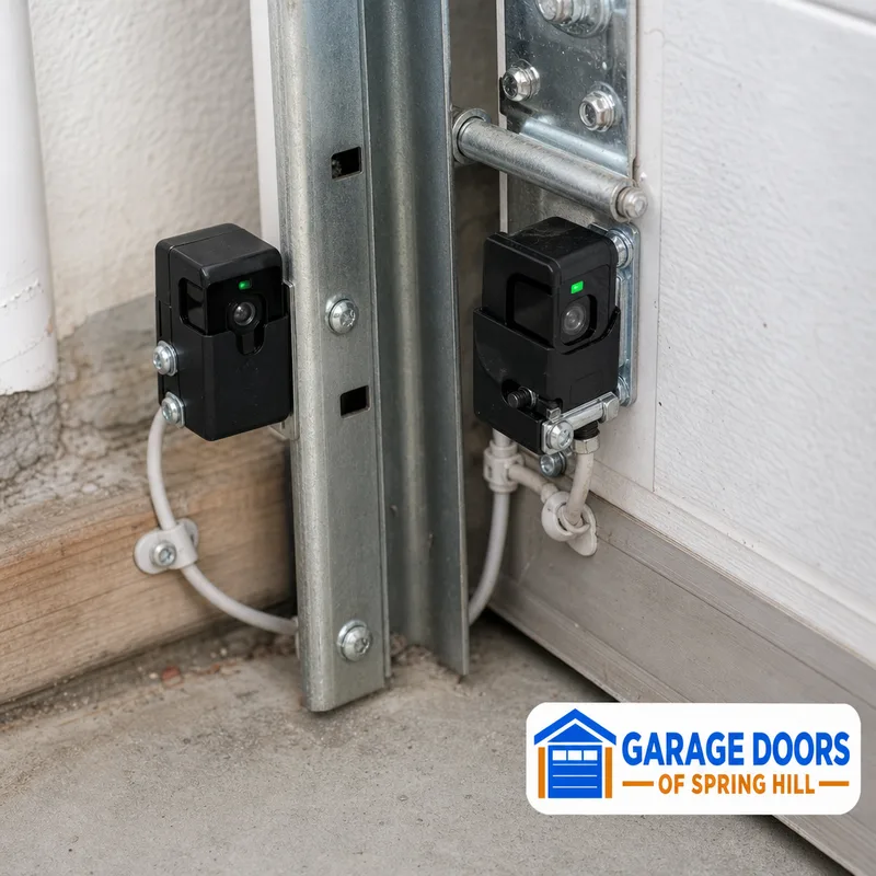 Aligned garage door safety sensors with clean lenses and secured wiring