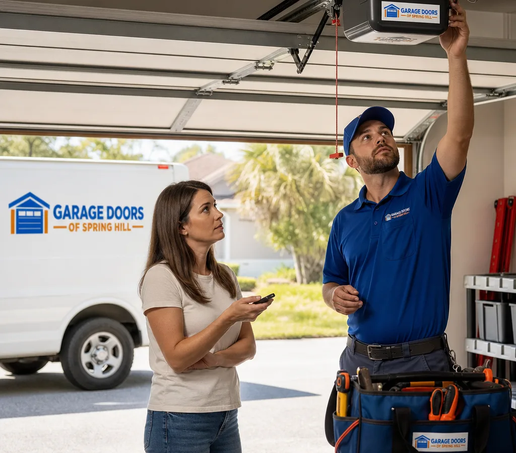 Residential garage door partially open with the opener visible while its controls are checked