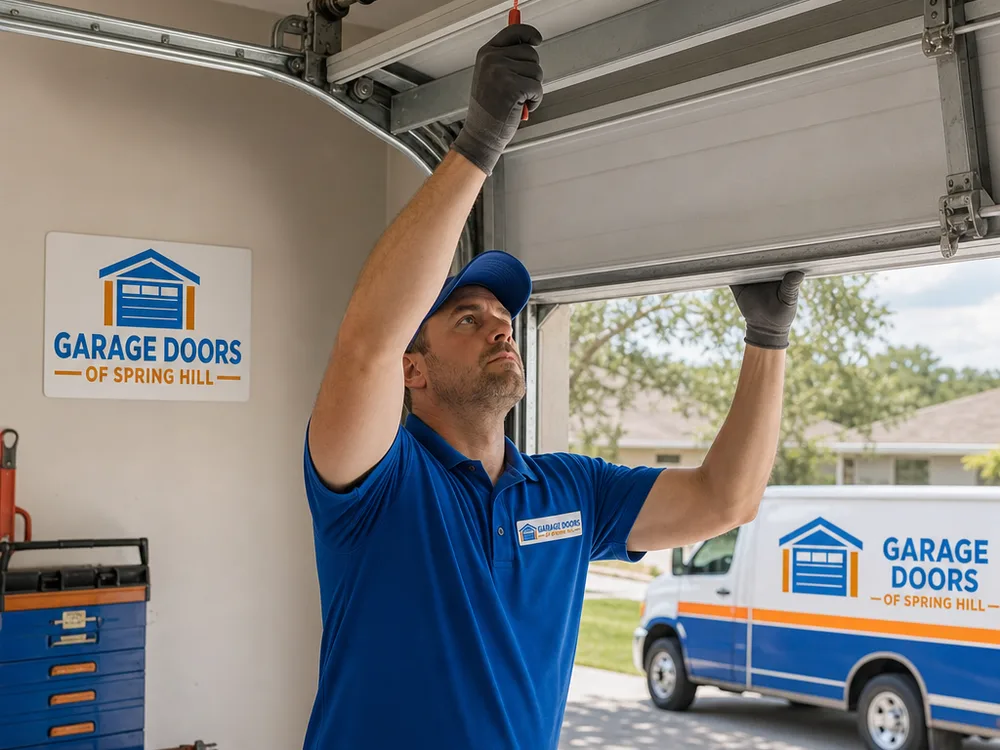 Contractor testing garage door balance after pulling the emergency release cord