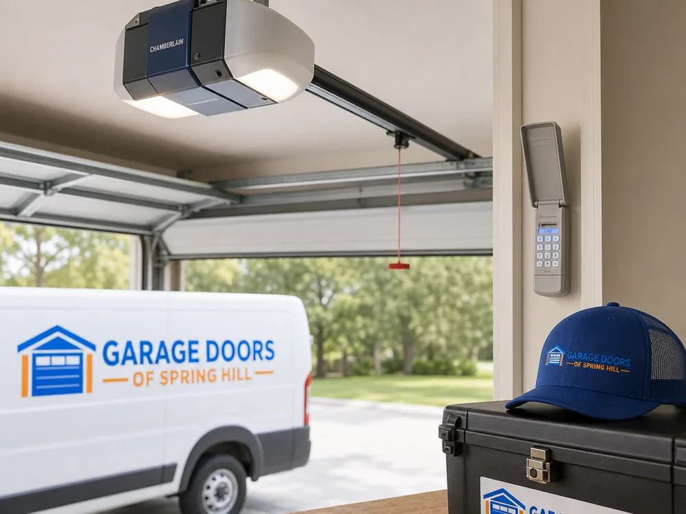 New ceiling-mounted garage door opener with paired remotes and an installed keypad