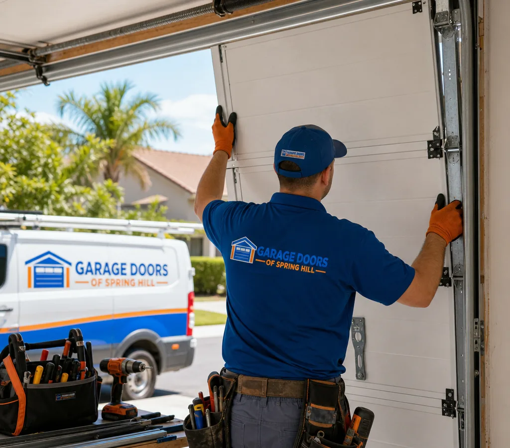 Contractor positioning a new residential overhead garage door section with tracks, springs, and tools visible