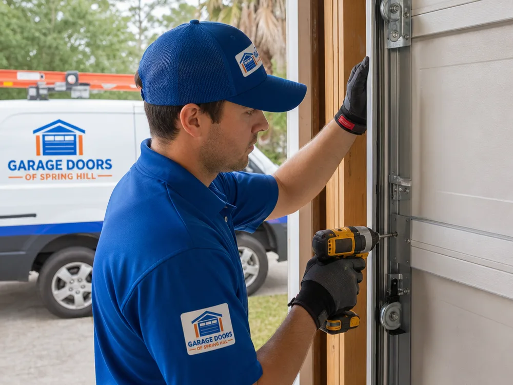 Contractor leveling and fastening a new garage door vertical track with rollers installed