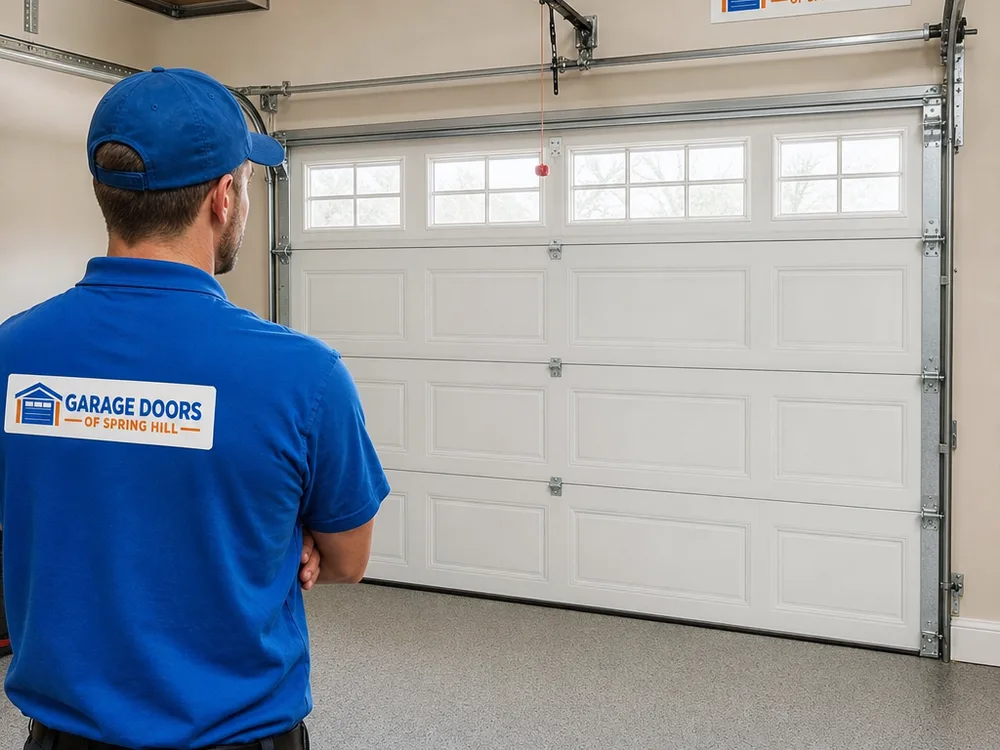 Finished residential garage door with even panel gaps and aligned tracks viewed from inside