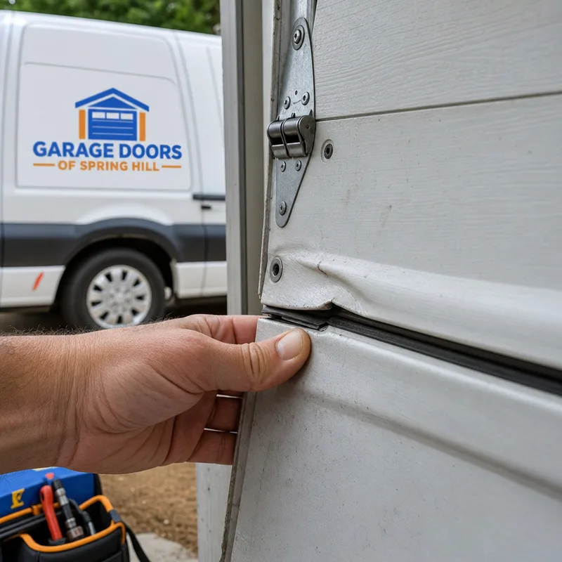 Bent steel garage door panel with a crease near a hinge and a misaligned seam