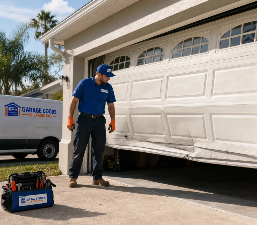 Residential garage door with a dented section while a contractor assesses the opening and tracks