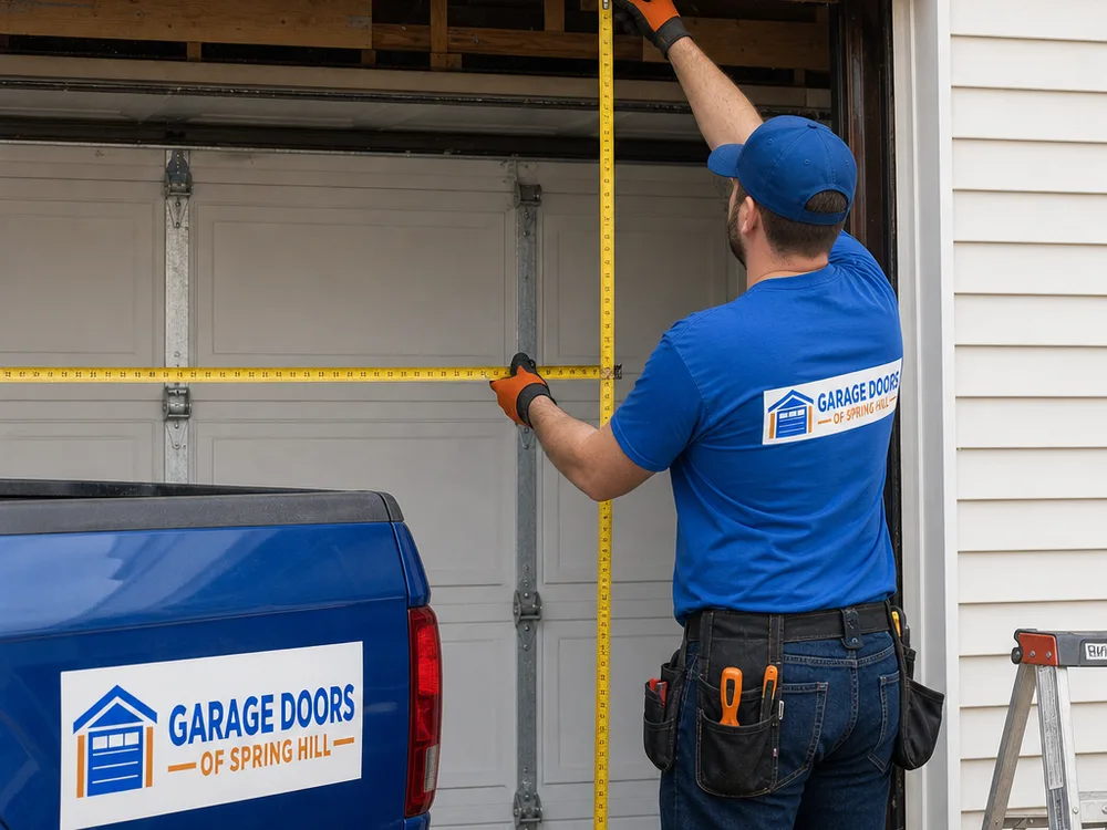 Contractor measuring a residential garage door opening with the sections and hinges visible