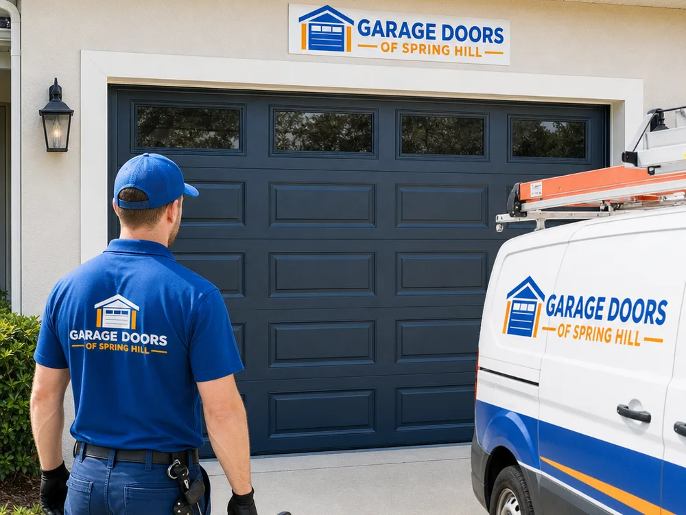 Finished modern sectional garage door with even alignment at the jambs