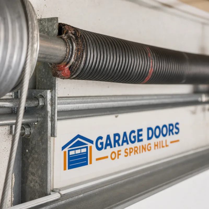 Extension spring system beside a horizontal track with its safety cable and worn spring ends visible