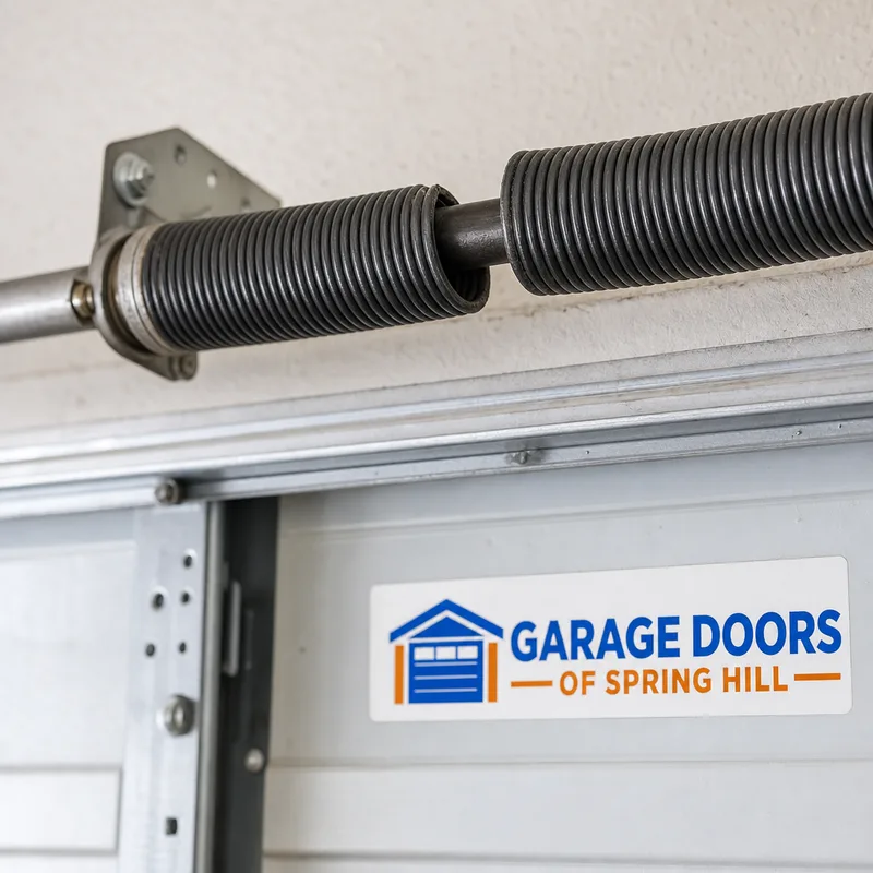 Torsion spring with a visible break and gap in the coil above a garage door