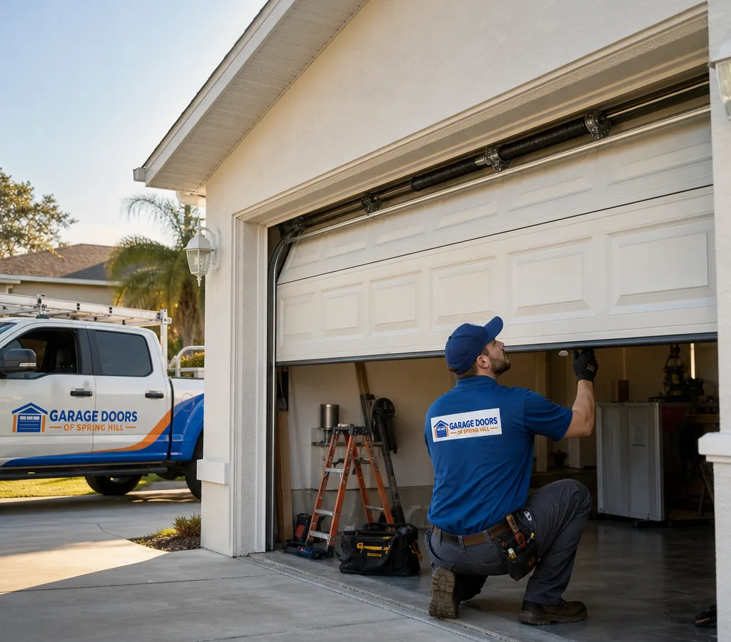 Residential sectional garage door partially open with the torsion spring area visible above the door
