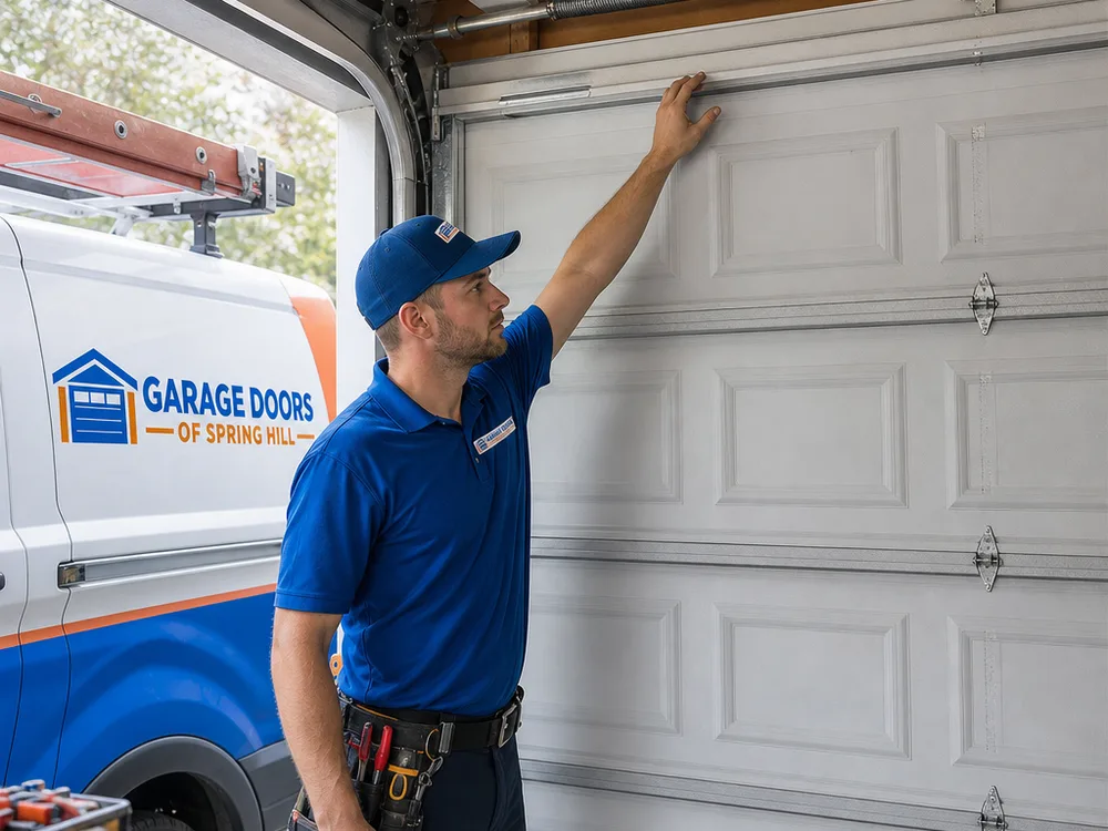 Balanced and level garage door at mid-height with the torsion spring assembly visible above it
