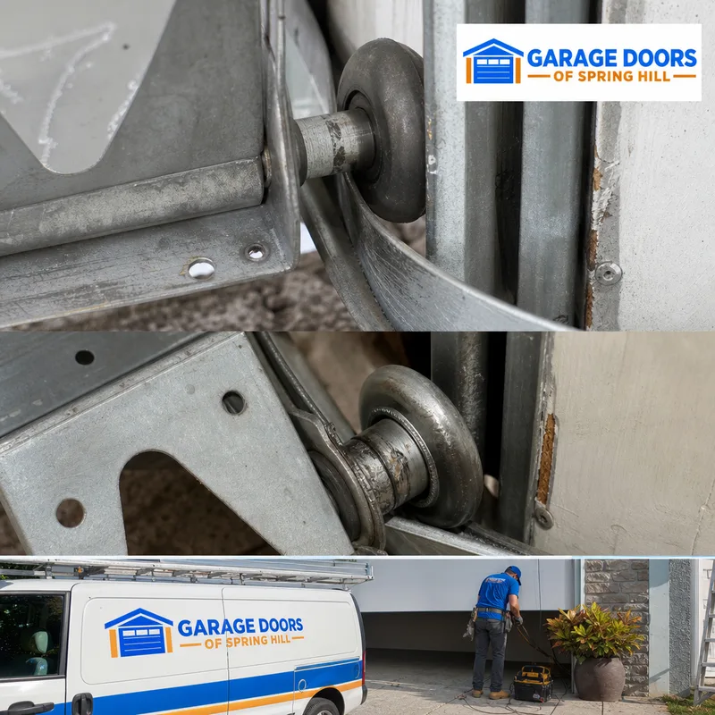 Garage door roller and hinge showing typical wear that can cause noise or binding