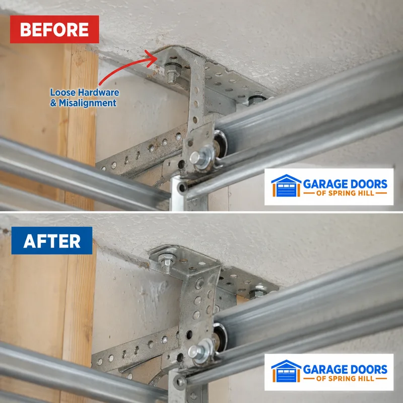 Horizontal garage door track bracket and hanging angle near the ceiling