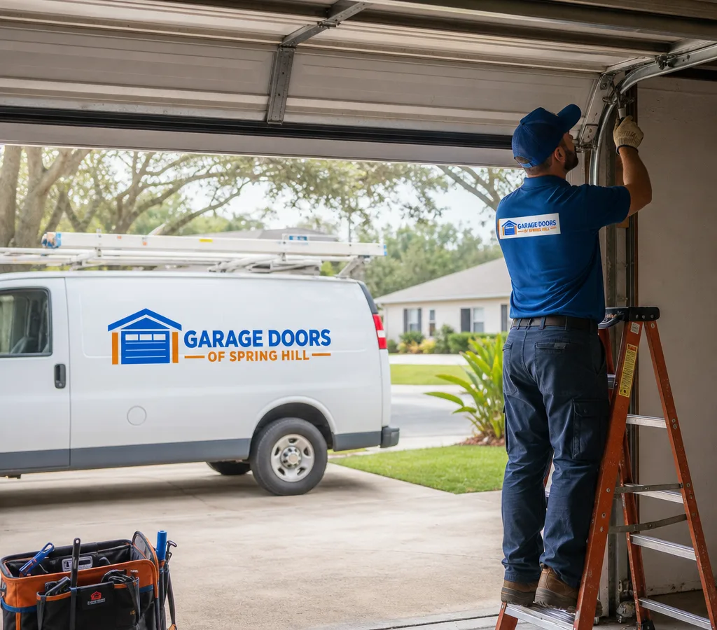 Residential garage door partially open while a contractor inspects the track and opener rail
