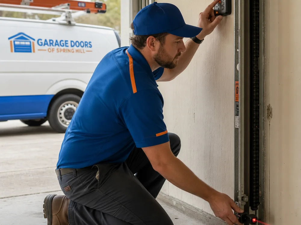 Contractor testing garage door photo-eye sensors and checking opener settings