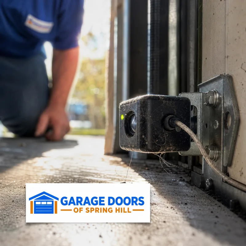 Misaligned photo-eye safety sensor near the garage floor with sunlight glare and dust on the lens