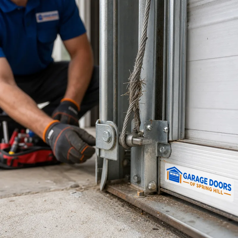 Frayed lifting cable near the bottom bracket of a sectional garage door