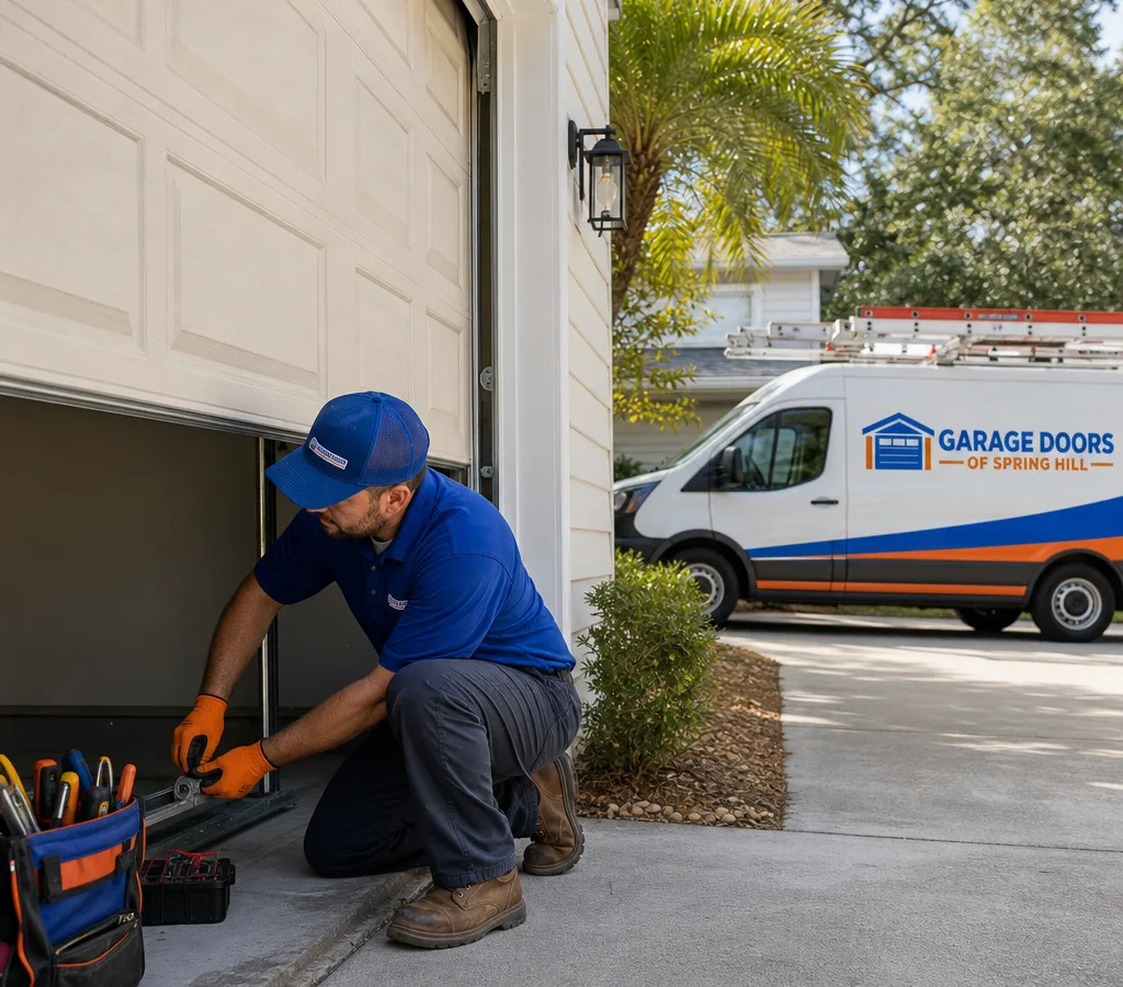 Residential garage door partially open while a contractor inspects the bottom roller and track alignment