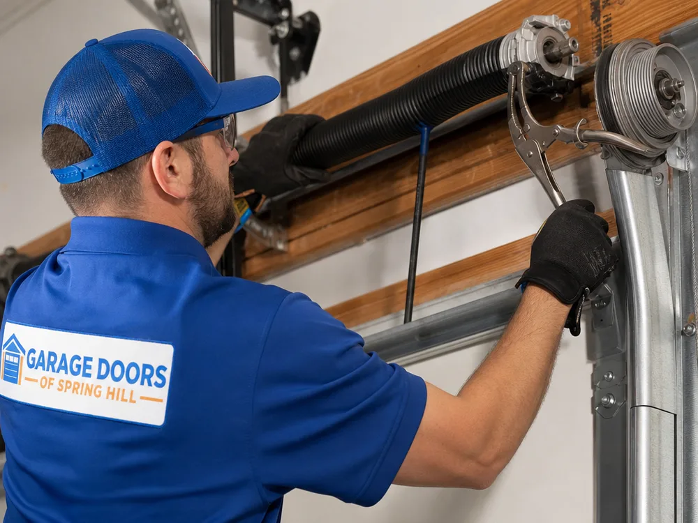 Contractor checking torsion spring condition and cable drums with winding bars and locking pliers visible