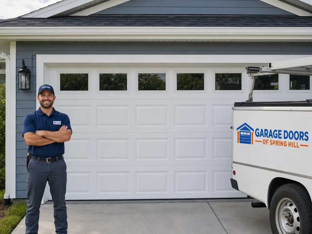 Residential sectional garage door sitting level with new rollers and straight vertical tracks