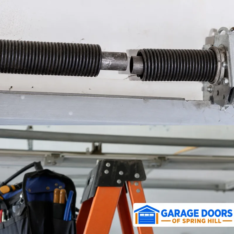 Broken torsion spring above a garage door with a visible gap in the coil on the torsion shaft