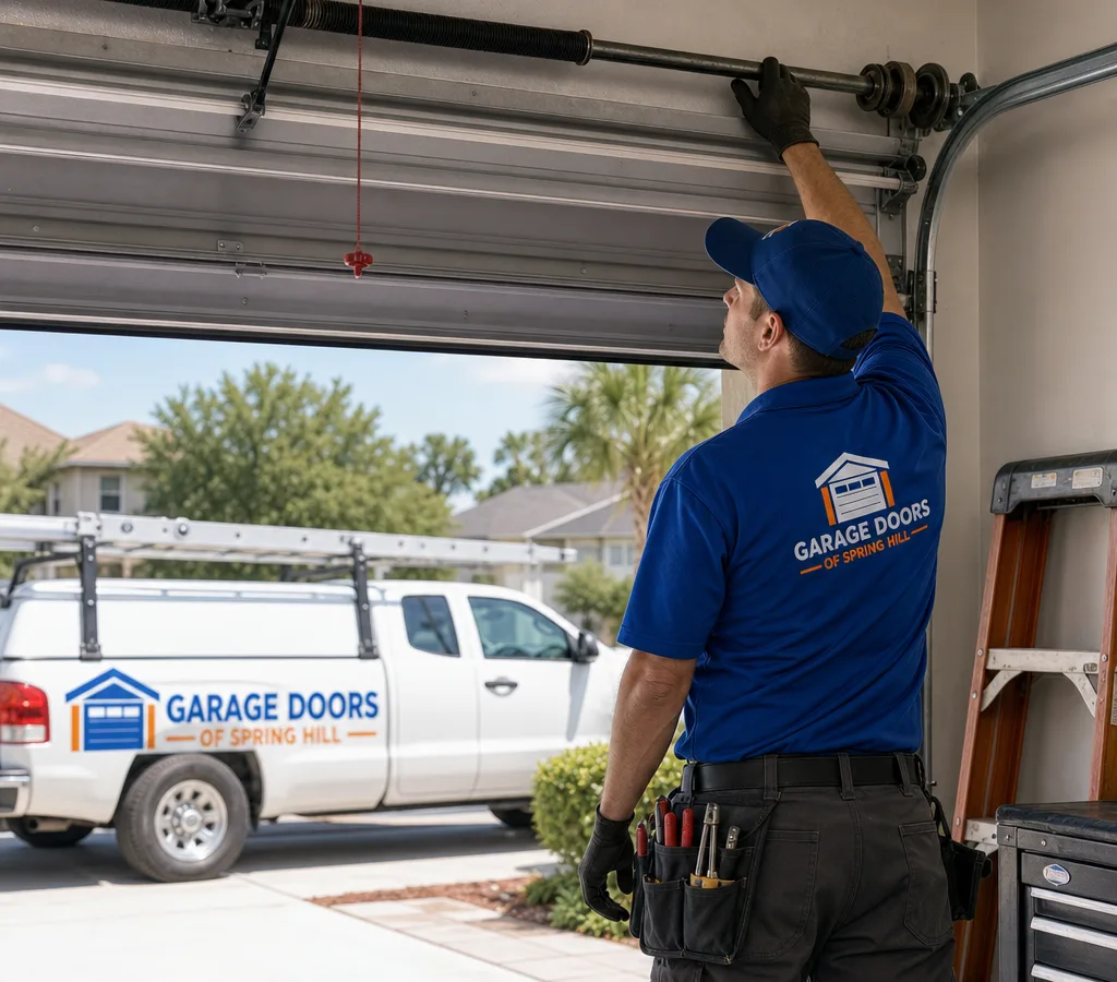 Residential sectional garage door partially open while a contractor inspects the torsion spring and track area
