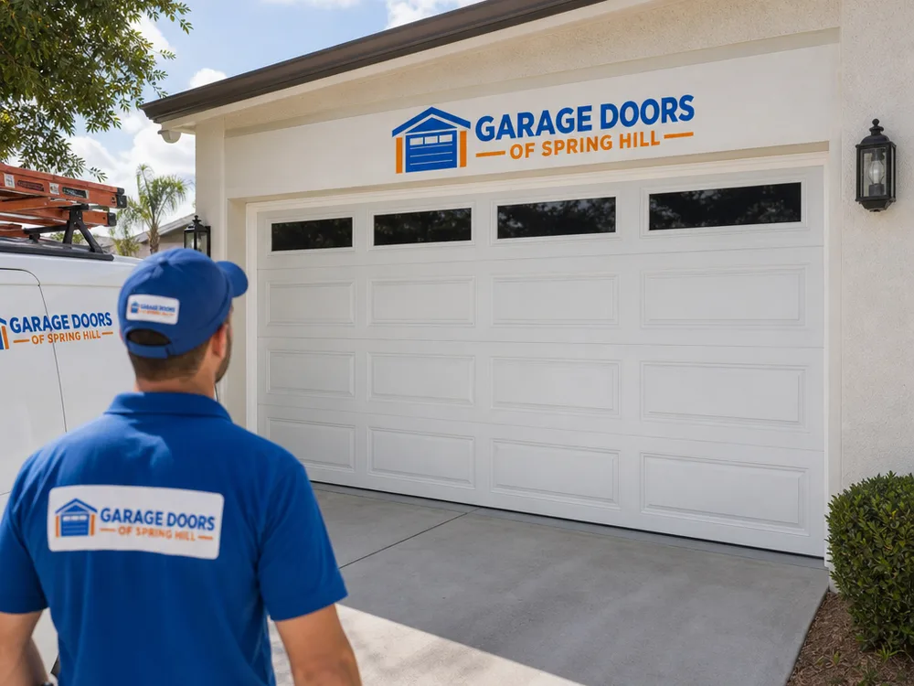 Properly aligned sectional garage door closed evenly to the floor with an intact weather seal and straight panels