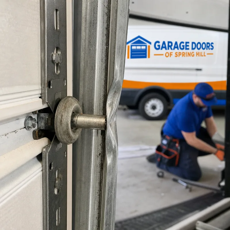 Garage door roller partially outside a bent vertical track