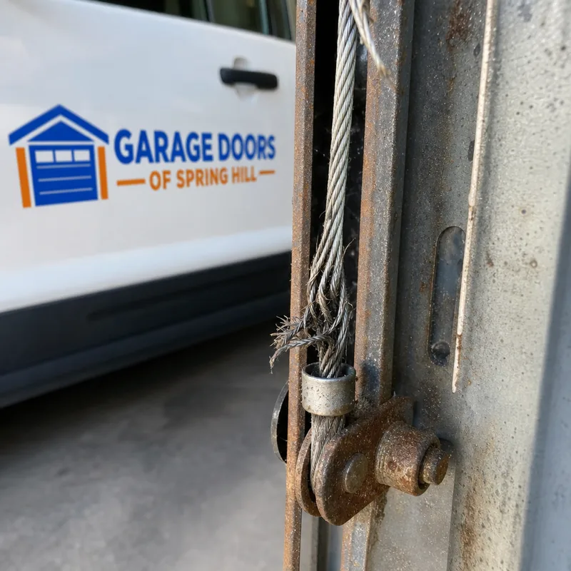 Frayed garage door lifting cable and rust near the bottom bracket