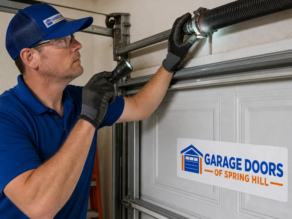 Contractor inspecting cable seating and drum alignment above a closed garage door
