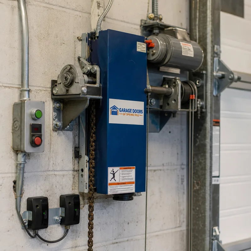 Jackshaft operator mounted beside a commercial door with control station and photo eyes visible