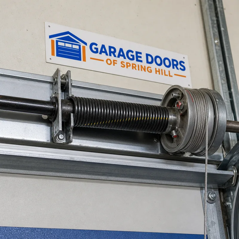 Torsion spring assembly, drums, and lift cables above a commercial door with proper cable wrap