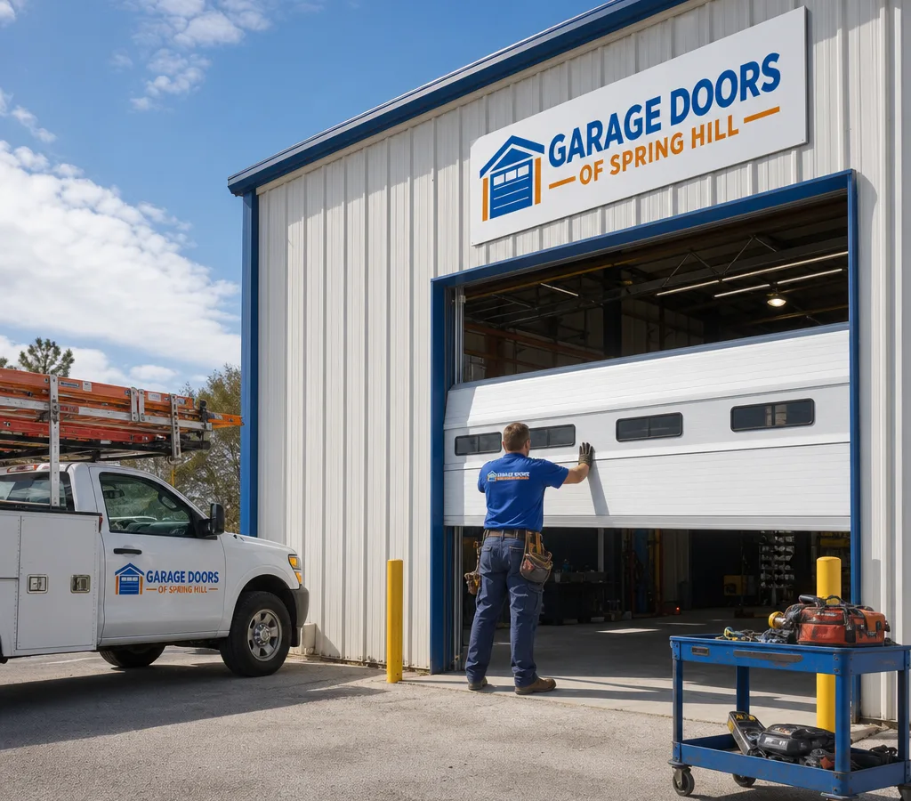Contractor preparing to install a commercial sectional overhead door at a light industrial loading bay