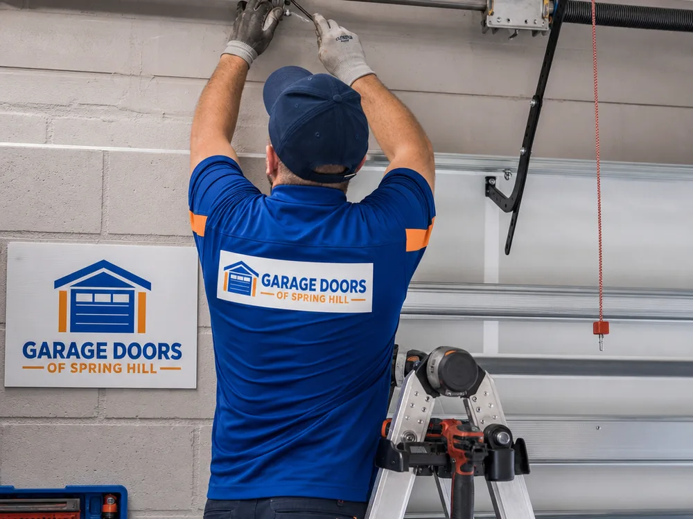 Contractor setting torsion springs and a center bearing plate above a commercial sectional door