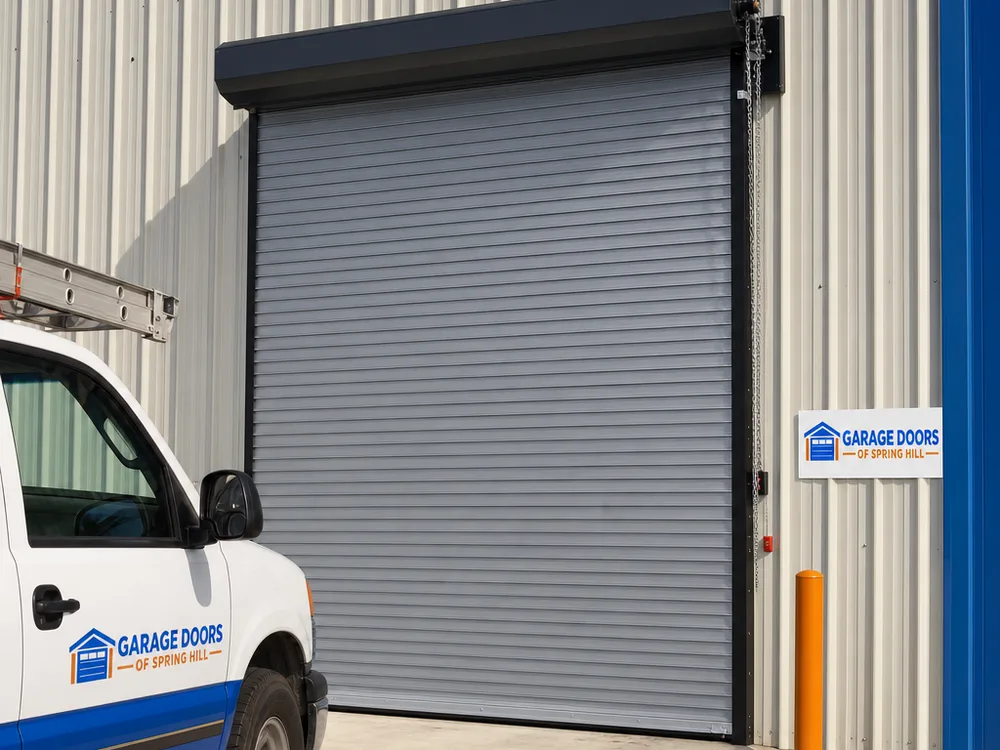 Roll up steel door installed on a warehouse opening with chain hoist and hood cover