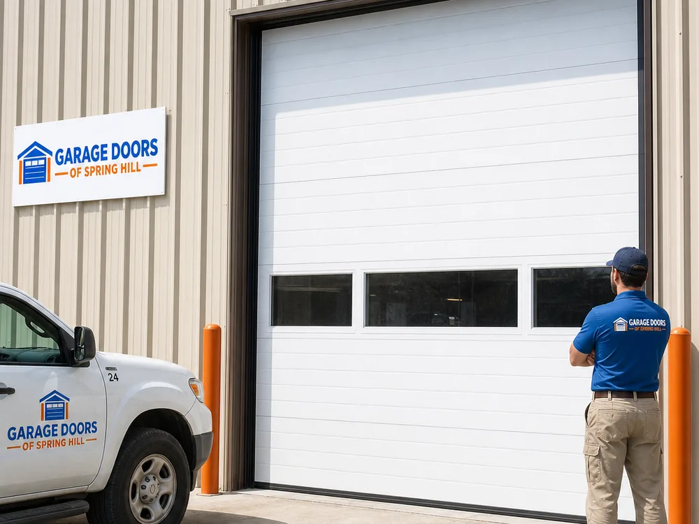 Finished commercial sectional overhead door on a service bay with perimeter seals visible