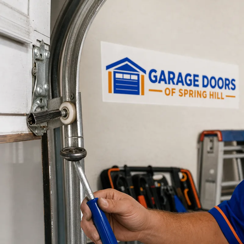 Garage door roller off the track with a bent hinge area visible
