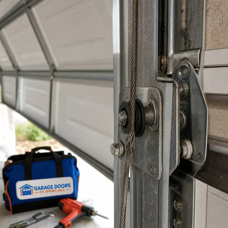 Frayed garage door lift cable near the bottom bracket