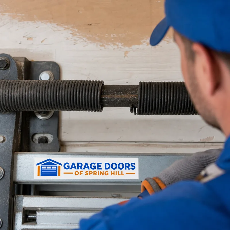 Broken torsion spring with a visible gap in the coil above a garage door