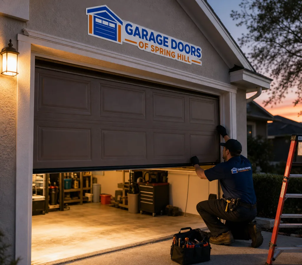 Residential garage door partially open at dusk with interior light visible