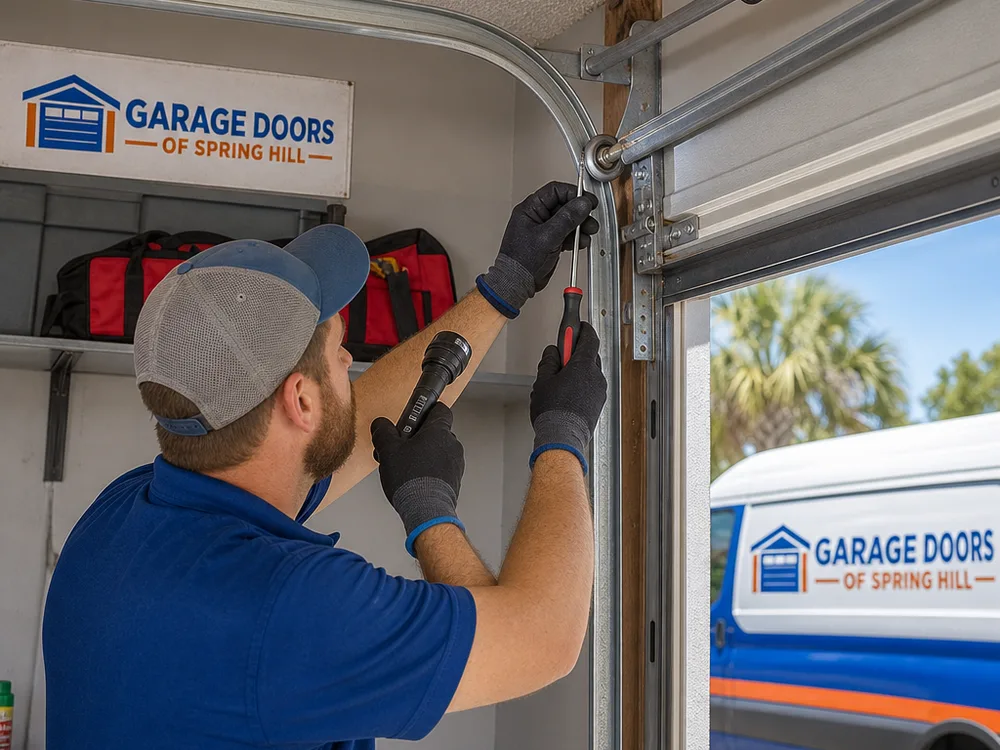 Contractor examining garage door tracks and rollers with a flashlight and hand tools